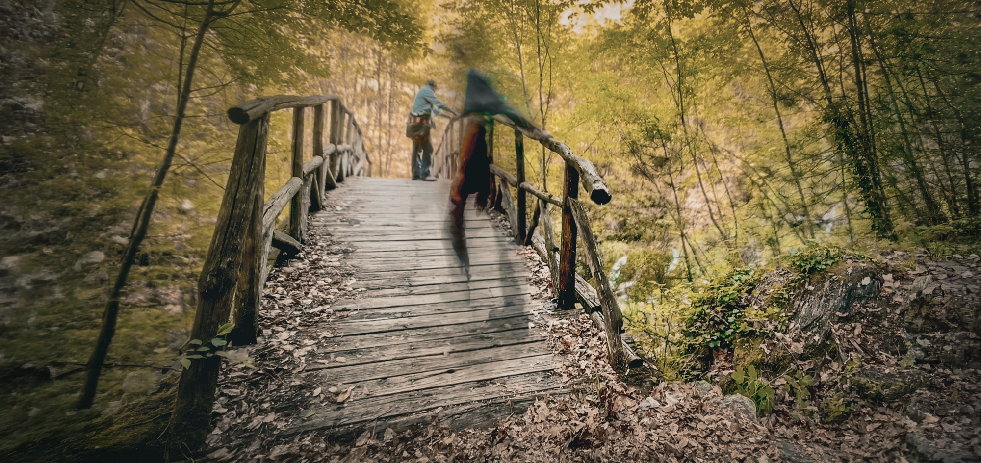 Houten brug in het bos — een figuur beweegt als schim over de doorgang